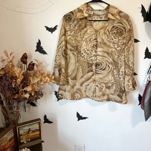 Vintage 80s Kathy Che floral brown button down top - Picture 12 of 16